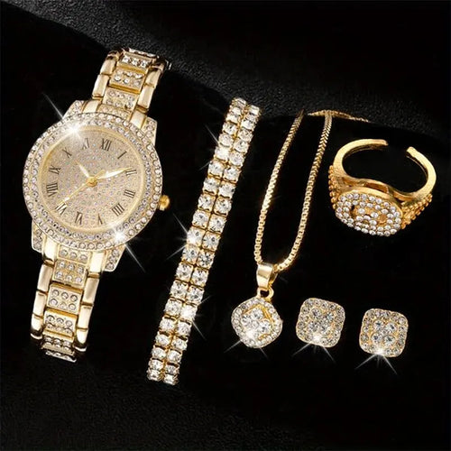 Coffret 6 Pièces Montre Bracelet Bague Collier + Pendantif Et Boucles D’oreilles Femme