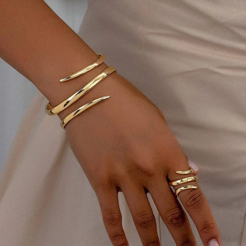 2Pcs Bracelet + Bague Spirale Couleur Or Ou Argent