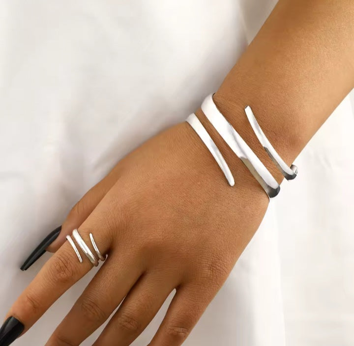 2Pcs Bracelet + Bague Spirale Couleur Or Ou Argent