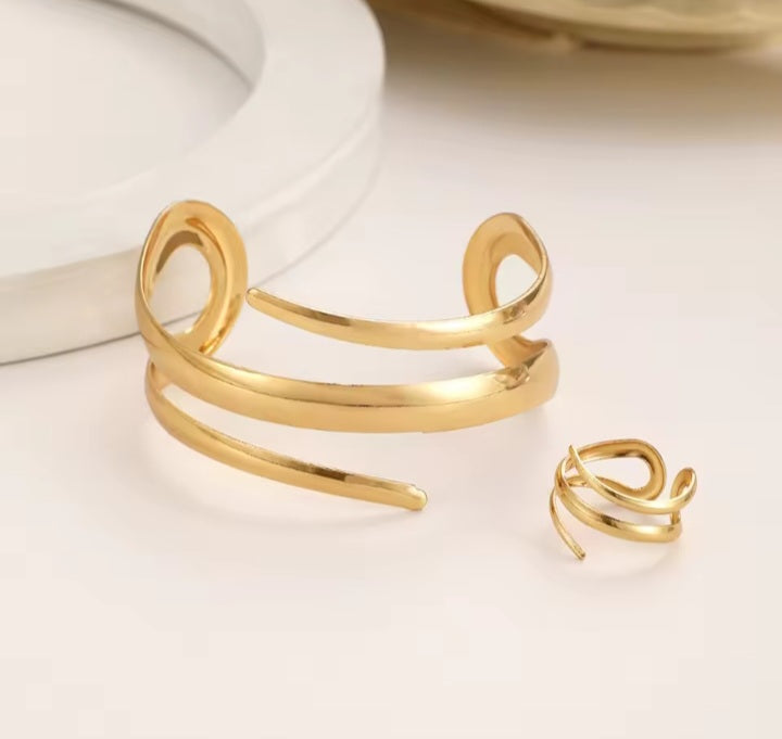 2Pcs Bracelet + Bague Spirale Couleur Or Ou Argent