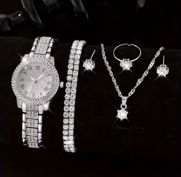 Coffret 6 Pièces Montre Bracelet Bague Collier + Pendantif Et Boucles D’oreilles Femme