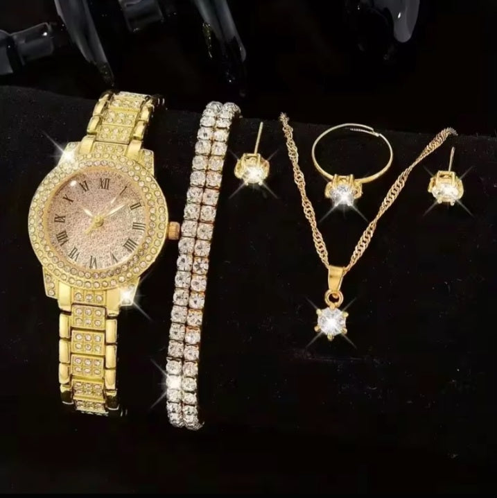 Coffret 6 Pièces Montre Bracelet Bague Collier + Pendantif Et Boucles D’oreilles Femme