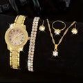 Coffret 6 Pièces Montre Bracelet Bague Collier + Pendantif Et Boucles D’oreilles Femme