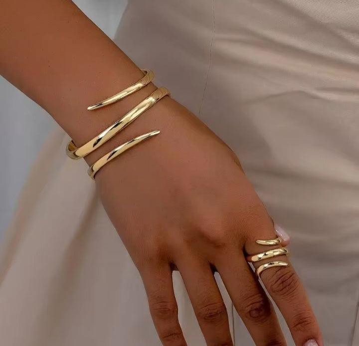 2Pcs Bracelet + Bague Spirale Couleur Or Ou Argent