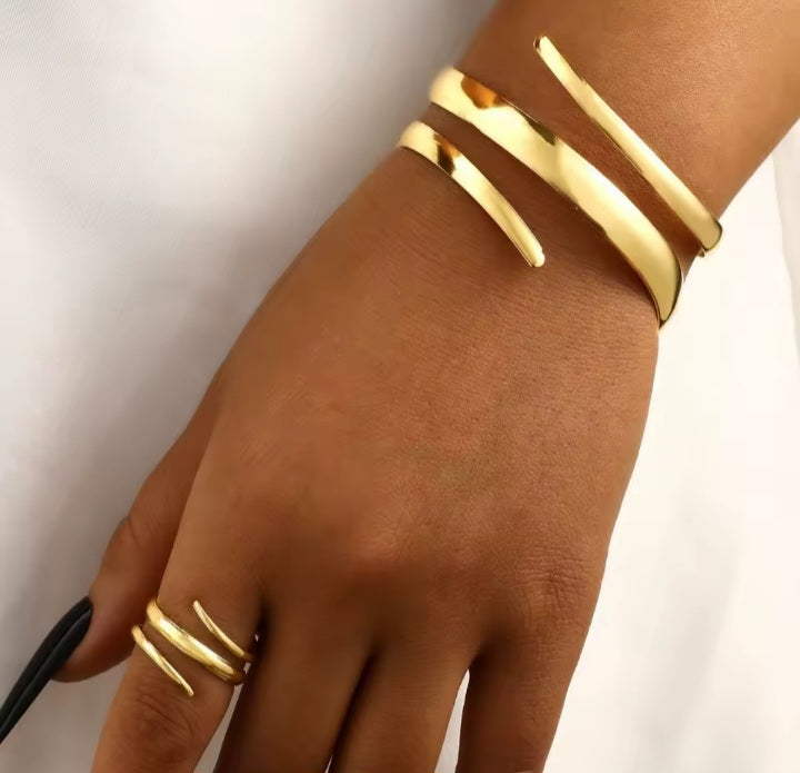 2Pcs Bracelet + Bague Spirale Couleur Or Ou Argent